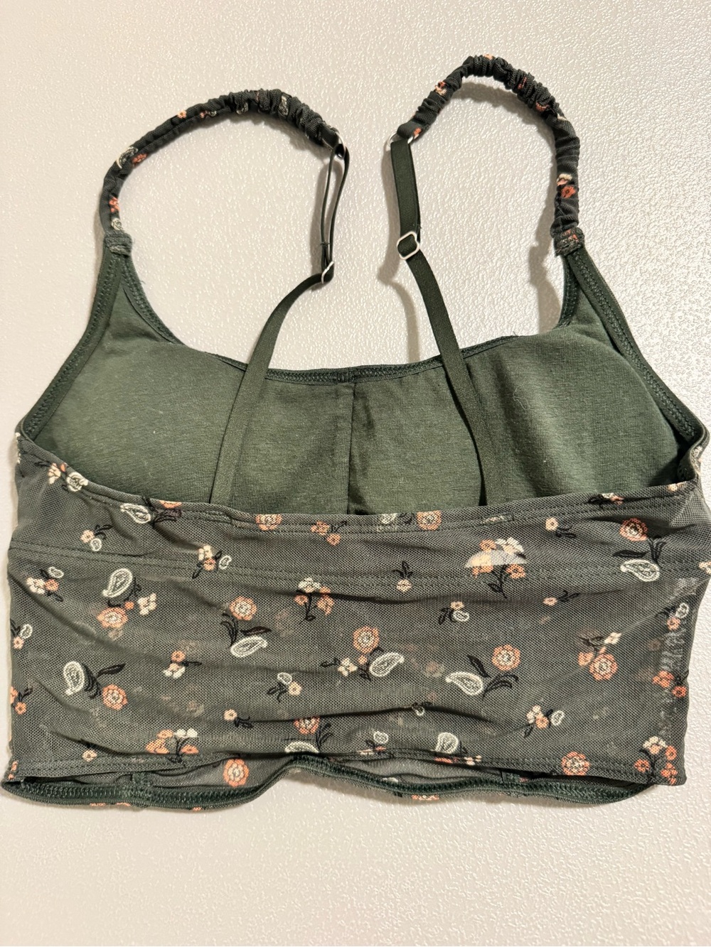 aerie Dark Green Floral Paisley Ruched Crop Tank Bralette XS - Picture 6 of 8